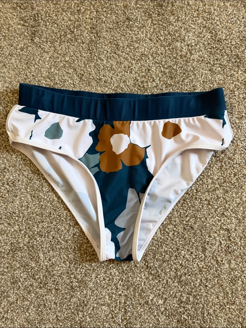 NWOT Floral Print Bikini Brief Bottom in Teal, White & Mustard Size Large